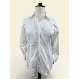 CAbi Long White Button Down Shirt with Grosgrain Trim, Size XL